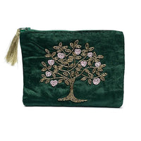 Velvet pouch - Green with Tree of Life and Hearts
