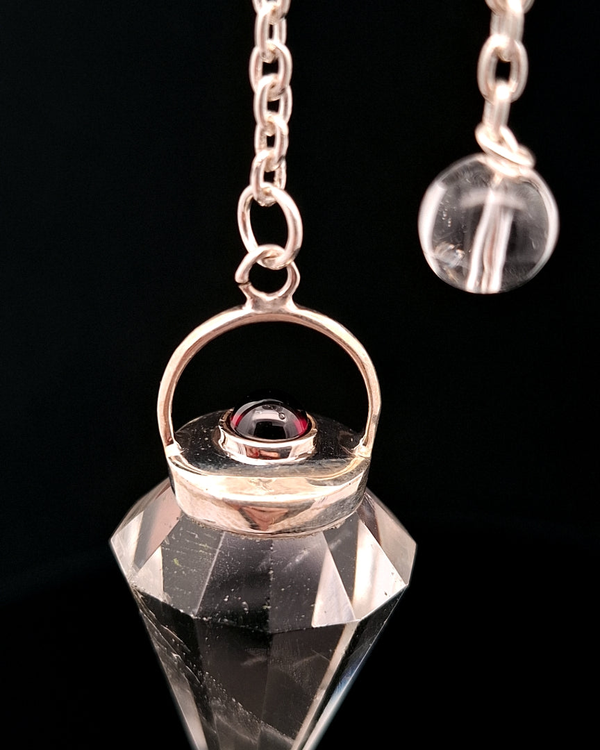 Silver - Quartz, Clear with Garnet Pendulum