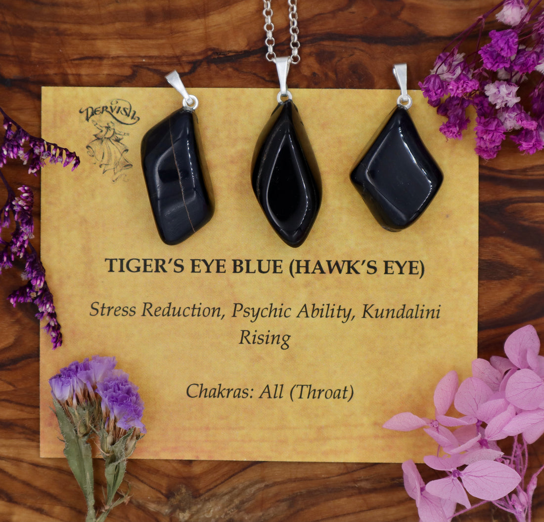 Tigers Eye, Blue (Hawks Eye) Tumblestone Pendant With Metal Loop