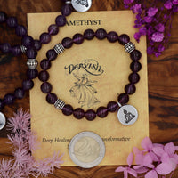 Amethyst Mala Bracelet with Meditation Symbol 8mm