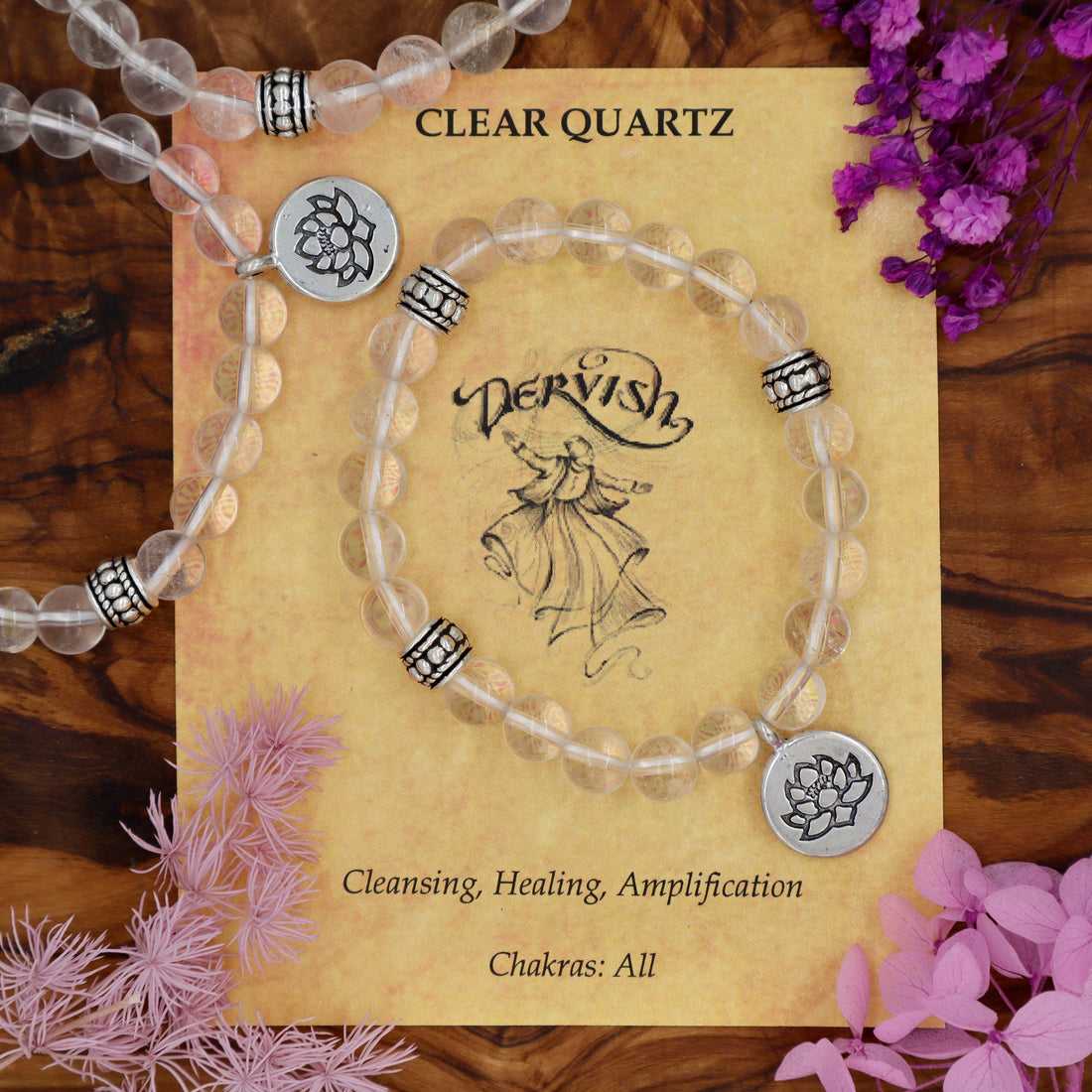 Quartz, Clear Mala Bracelet with Lotus 8mm