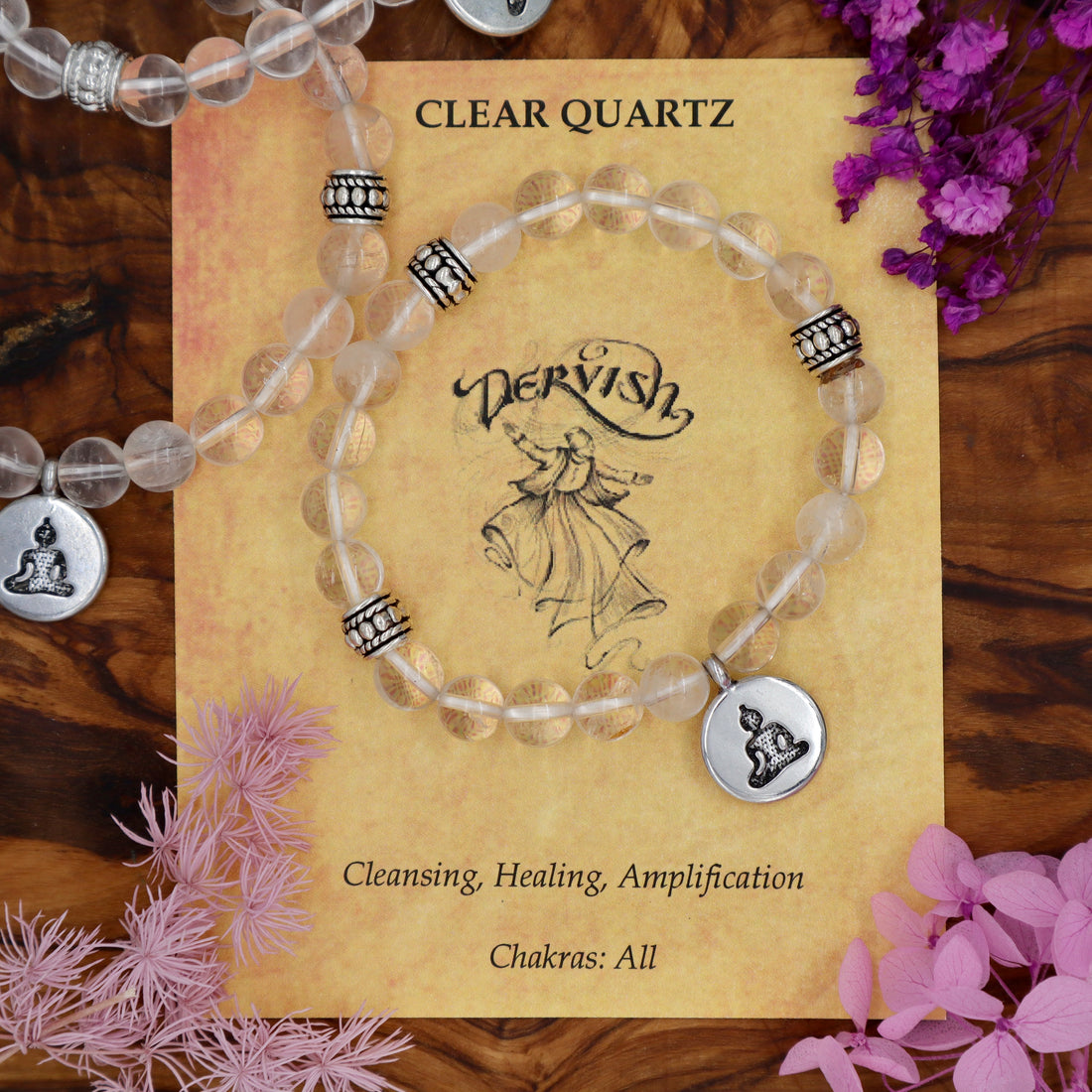 Quartz, Clear Mala Bracelet with Meditation Symbol 8mm