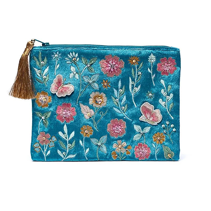 Zippered velvet pouch - Blue with flowers