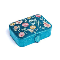 Velvet Jewellery / Tarot box - Blue with Flowers