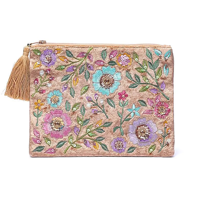 Zippered velvet pouch - Beige with flowers