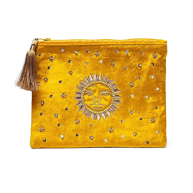 Zippered velvet pouch -  Yellow with sun