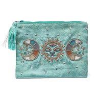 Zippered velvet pouch - Mint with moon phases