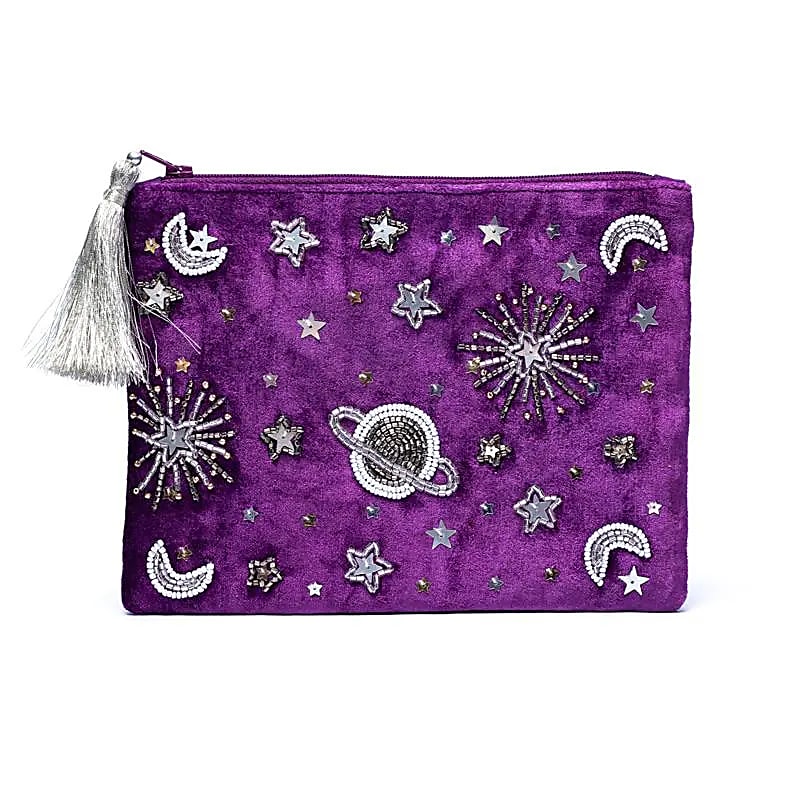 Zippered Velvet Pouch - Purple with Galaxy