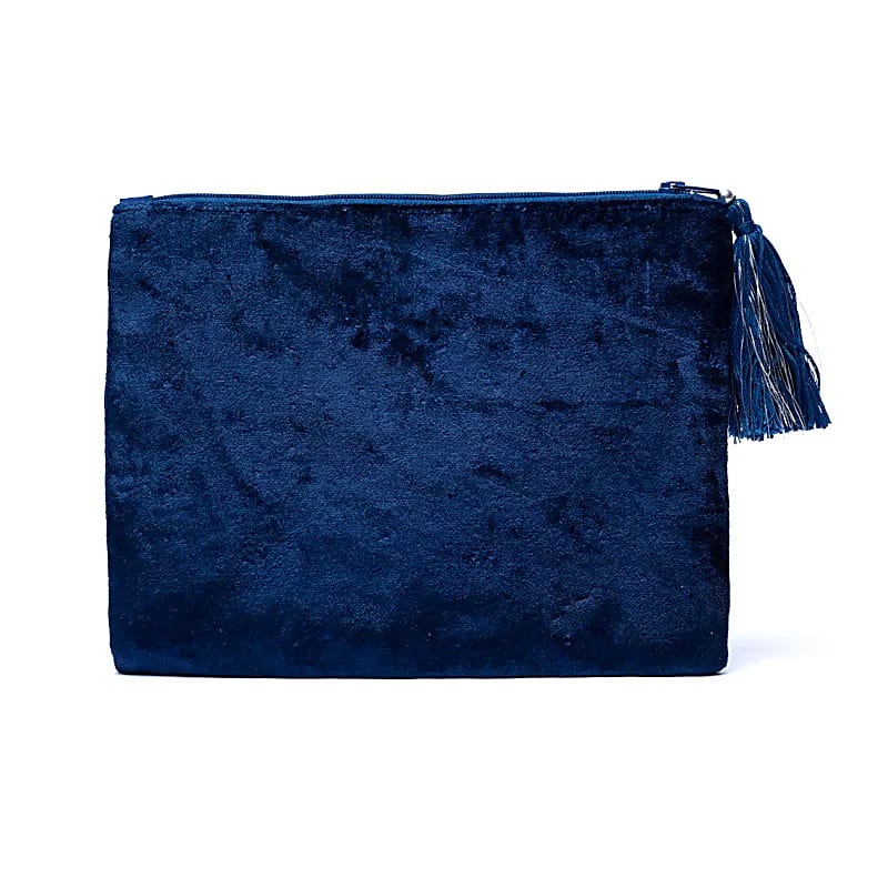 Zippered Velvet Pouch - Dark Blue with Moon and Stars