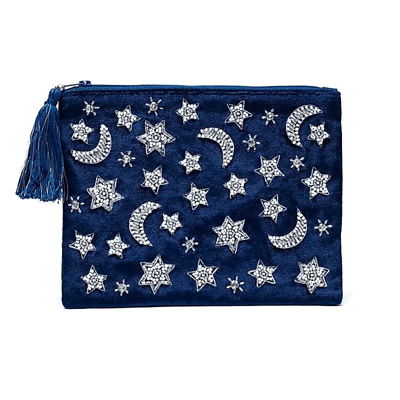 Zippered Velvet Pouch - Dark Blue with Moon and Stars