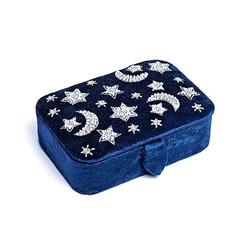 Velvet Jewellery / Tarot box - Dark blue with moon and stars