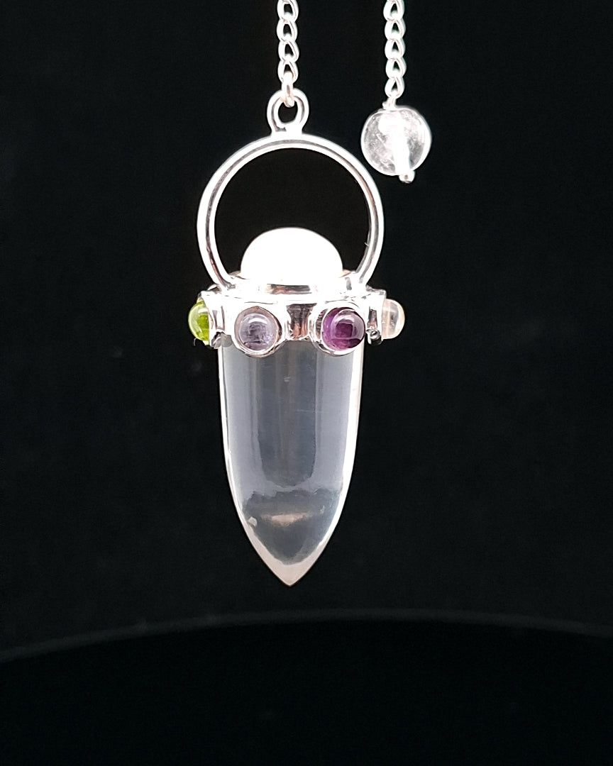 Quartz, Clear with Chakra & Moonstone Pendulum - Silver Plated