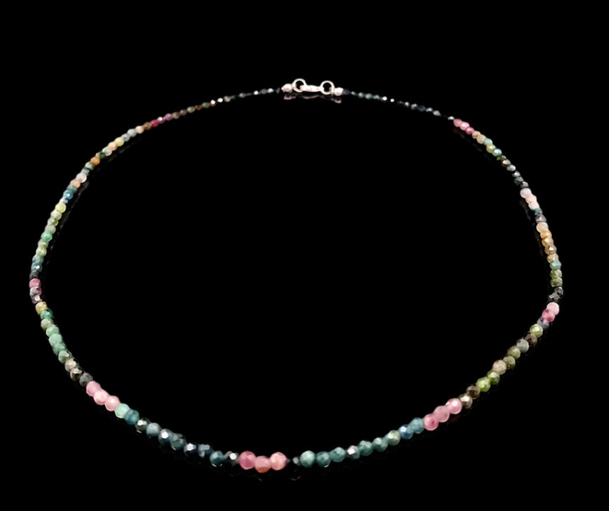 Watermelon Tourmaline 3mm Faceted Necklace - Silver Plated