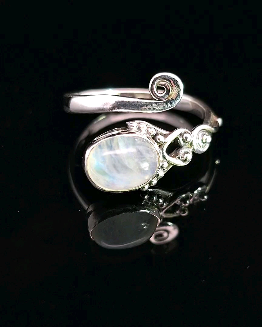 Moonstone, Rainbow, Freesize Sterling Ring