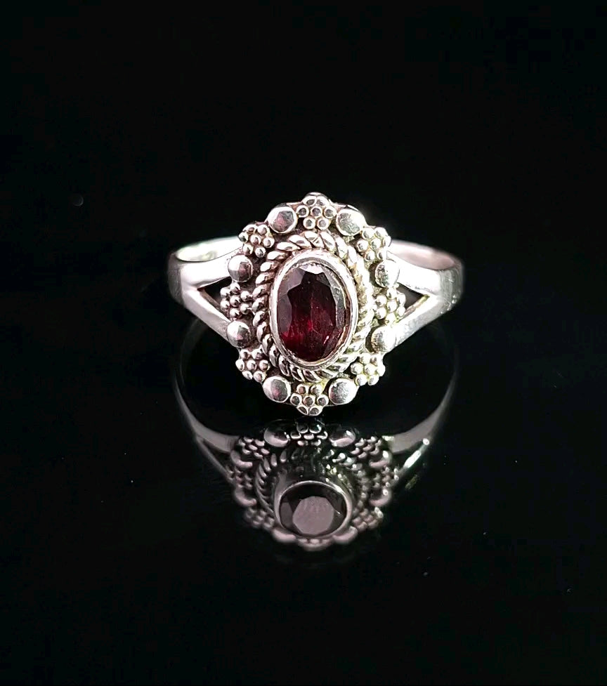 Garnet, Faceted Sterling Silver Ring