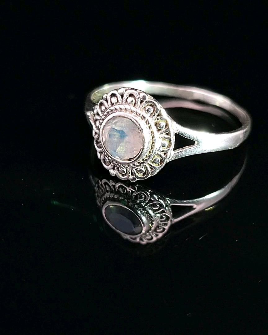 Moonstone, Rainbow, Faceted Sterling Silver Ring