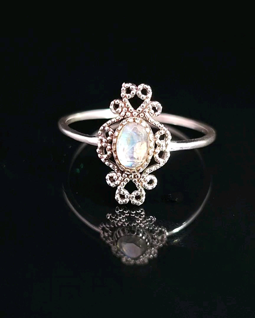 Moonstone, Rainbow, Faceted Sterling Silver Ring