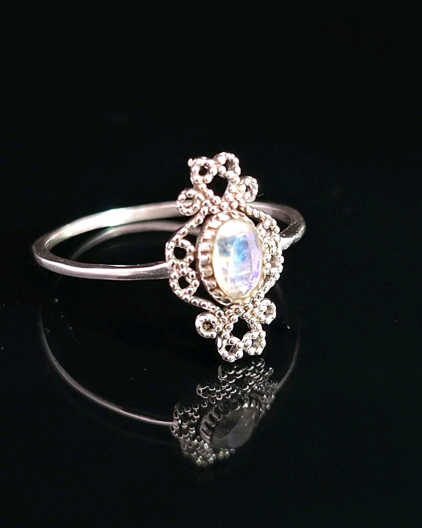 Moonstone, Rainbow, Faceted Sterling Silver Ring