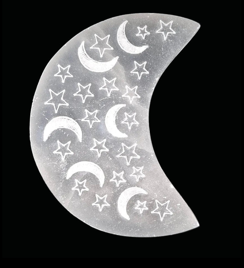 Selenite - Cresent Moon with Moons and Stars