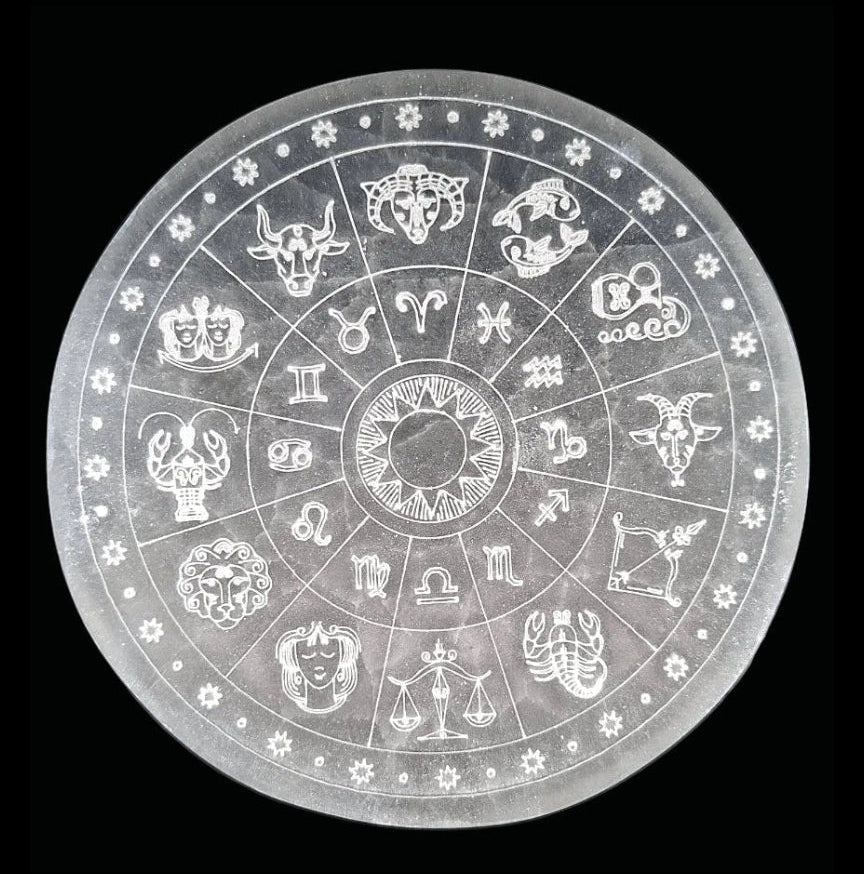 Selenite Charging Disc - Astrological 13.5cm