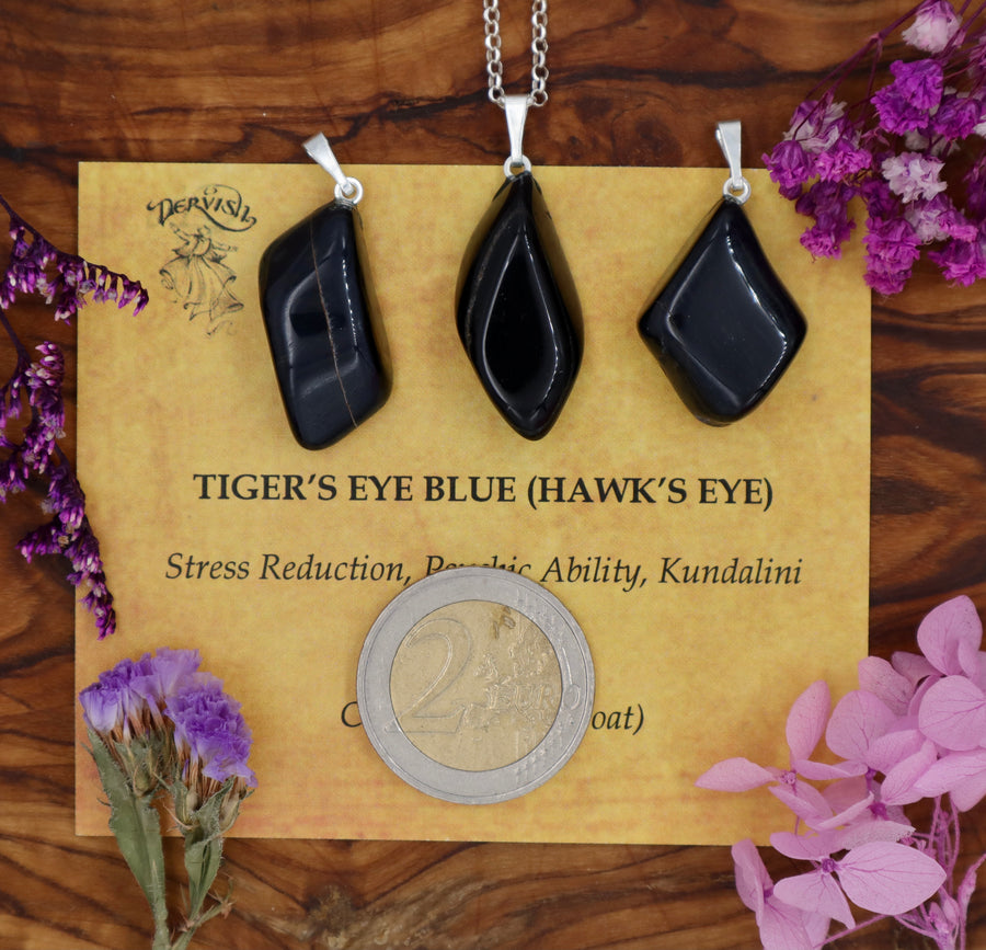 Tigers Eye, Blue (Hawks Eye) Tumblestone Pendant With Metal Loop