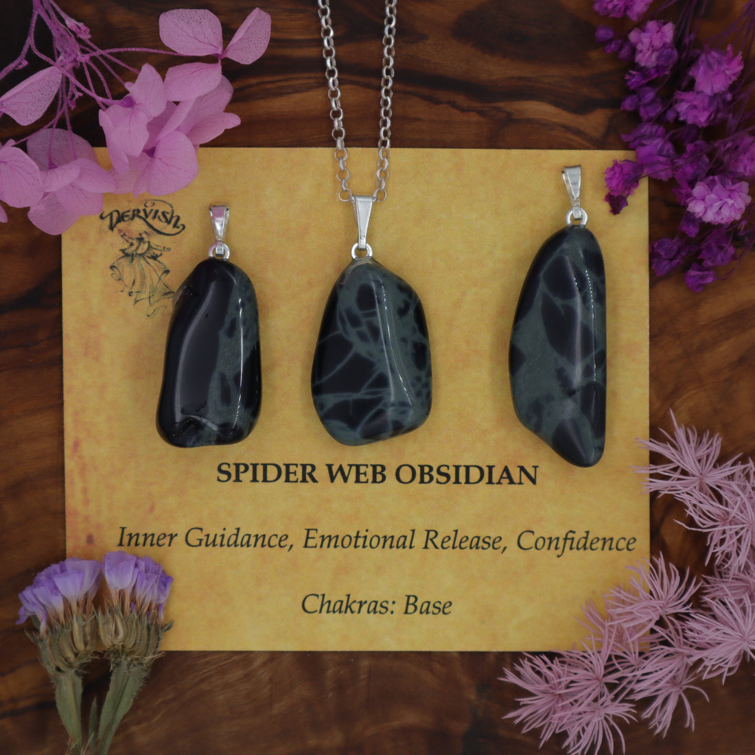 Obsidian, Spiderweb Tumblestone Pendant With Metal Loop