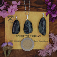 Obsidian, Spiderweb Tumblestone Pendant With Metal Loop