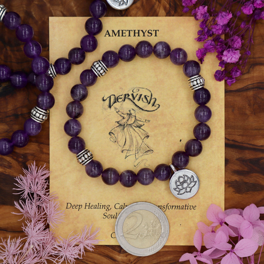 Amethyst Mala Bracelet with Lotus 8mm