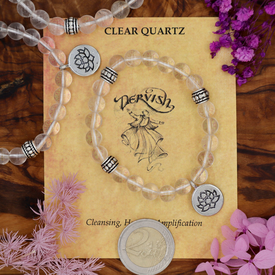 Quartz, Clear Mala Bracelet with Lotus 8mm