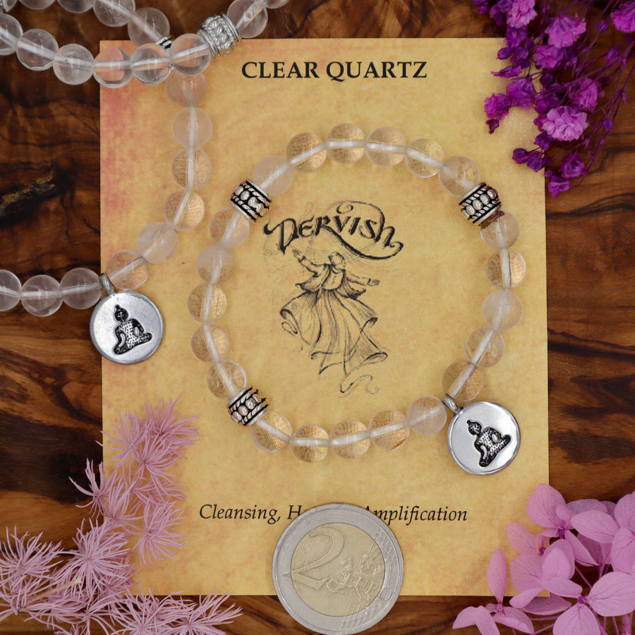 Quartz, Clear Mala Bracelet with Meditation Symbol 8mm